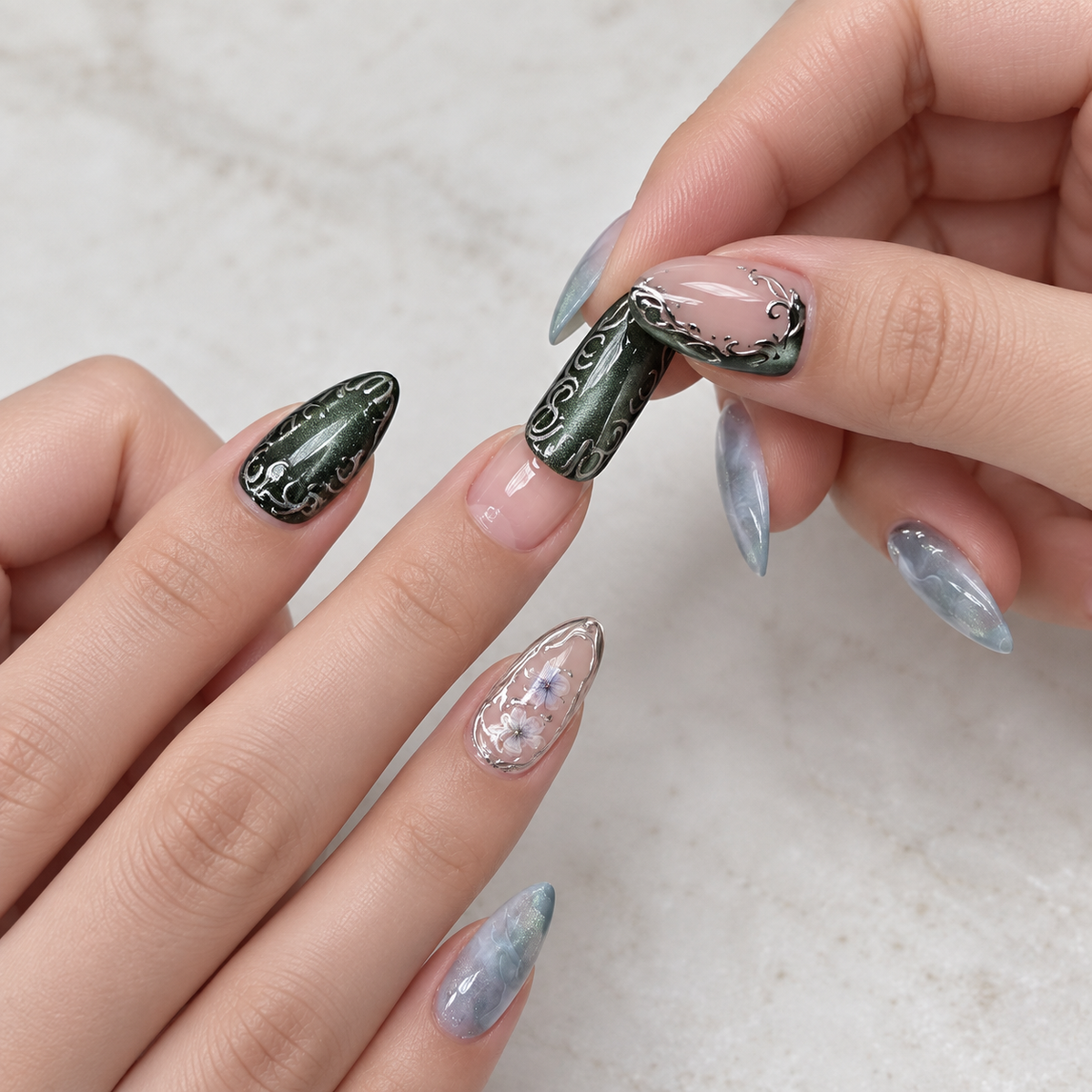Olive Green Peach Tea Cat Eye Press On Nail Set