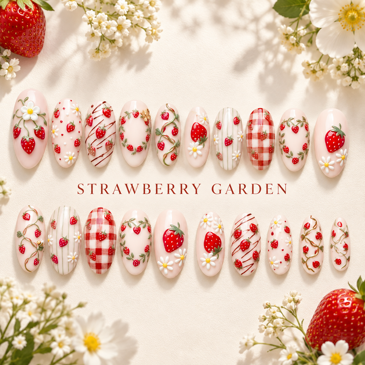 Strawberry Garden Floral Press On Nail Set