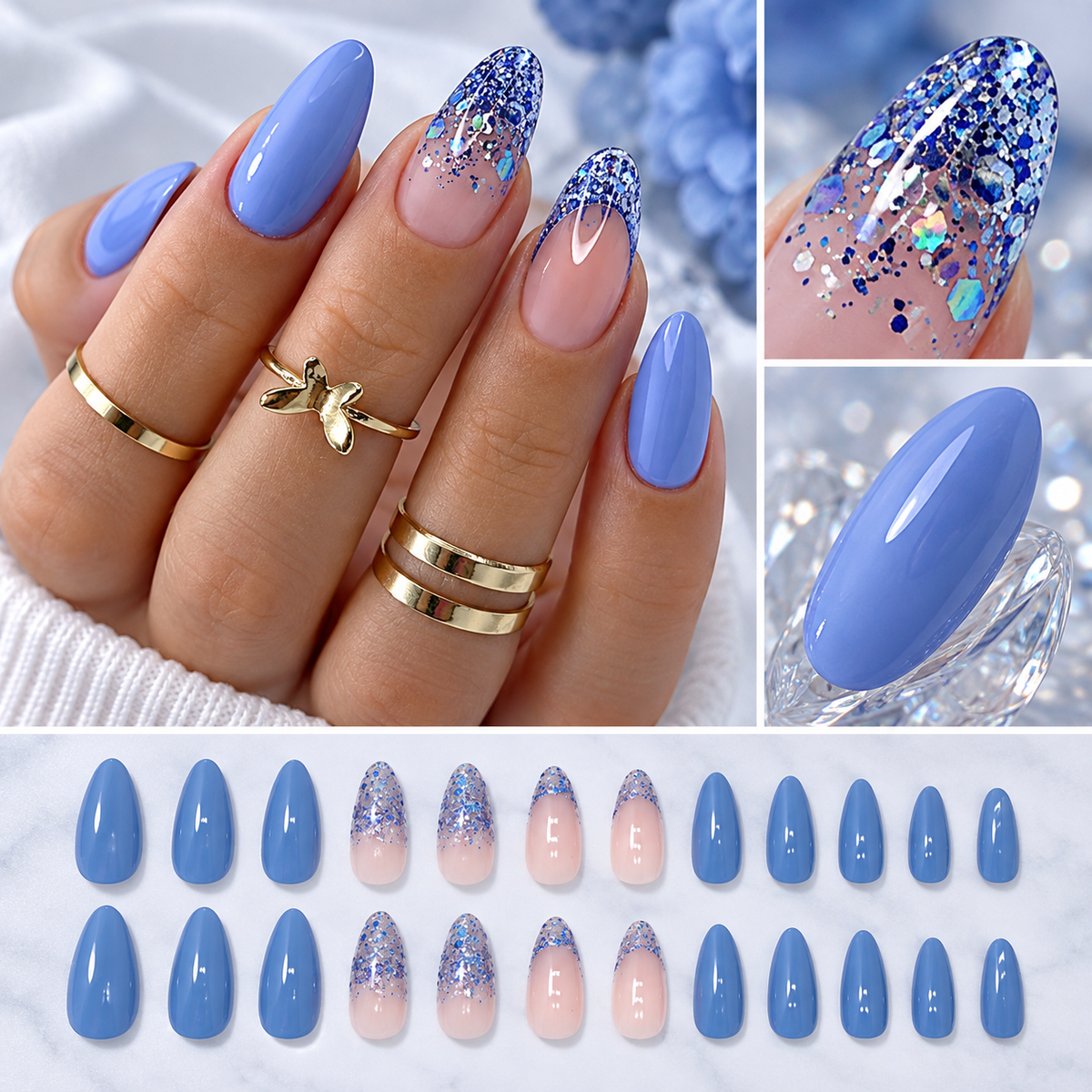 Lake Blue Glitter Almond Press On Nail Set