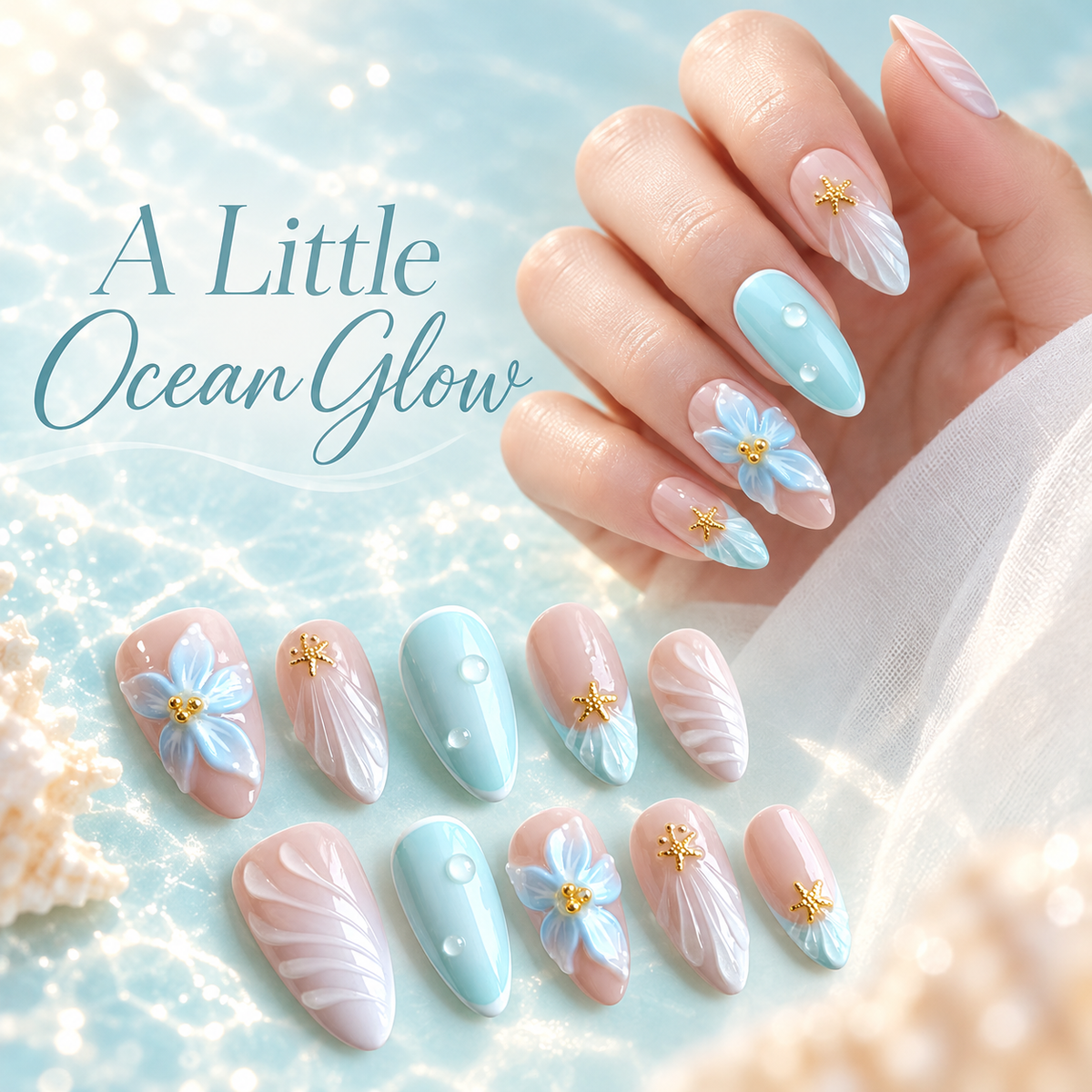 Blue Island Floral Starfish Press On Nail Set