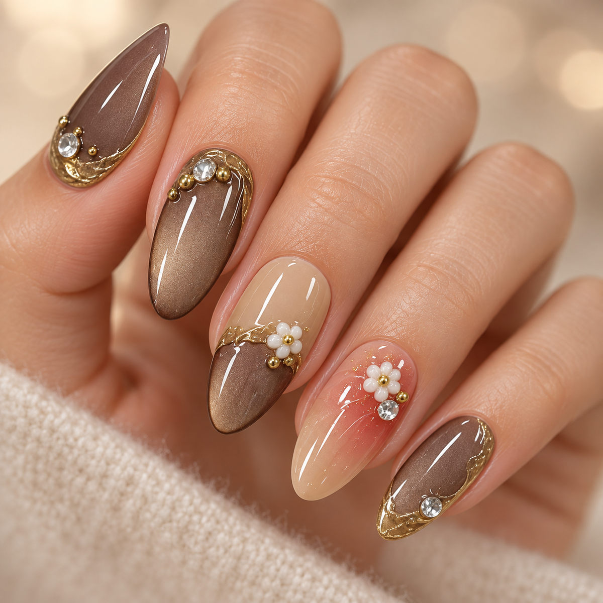 Gilded Charm Cat Eye Floral Press On Nail Set