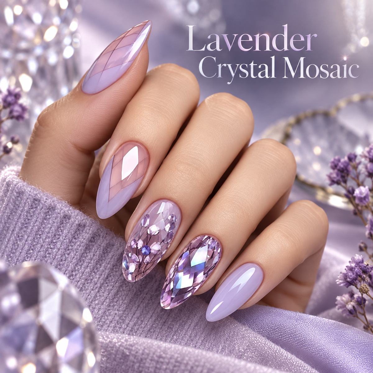 Lavender Crystal Irregular Long Press On Nail Set