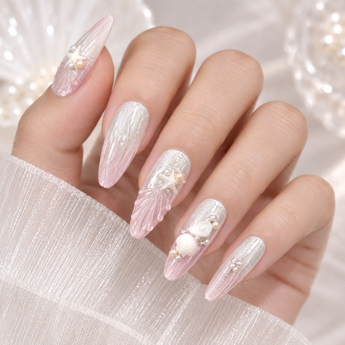 Icy Pink Seashell Cat Eye Press On Nail Set