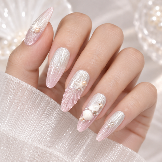 Icy Pink Seashell Cat Eye Press On Nail Set