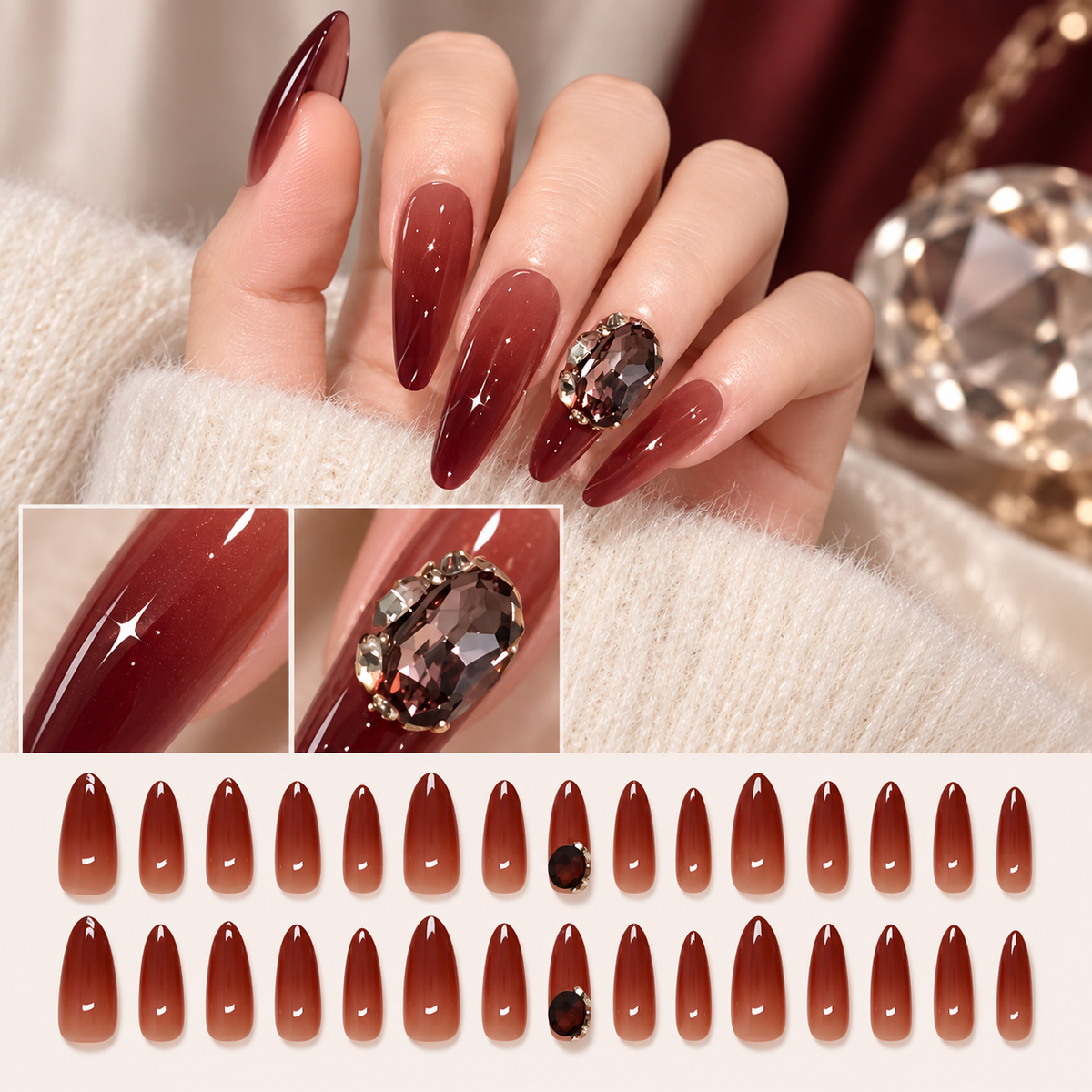 Dark Red Ruby Ombre Rhinestone Press On Nail Set
