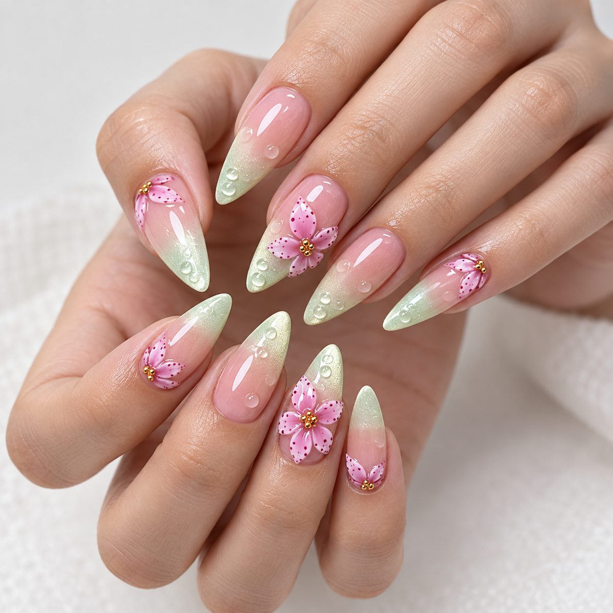 Matcha Cat Eye Carved Lily Press On Nail Set
