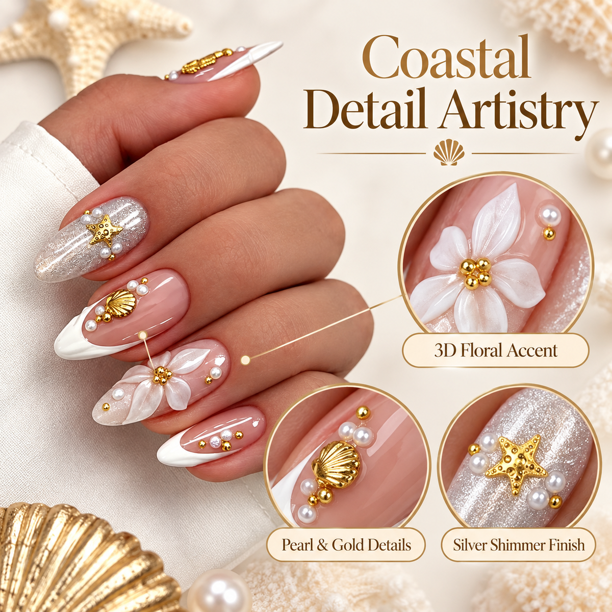 Ocean Wave Floral Shell Press On Nails - image 5