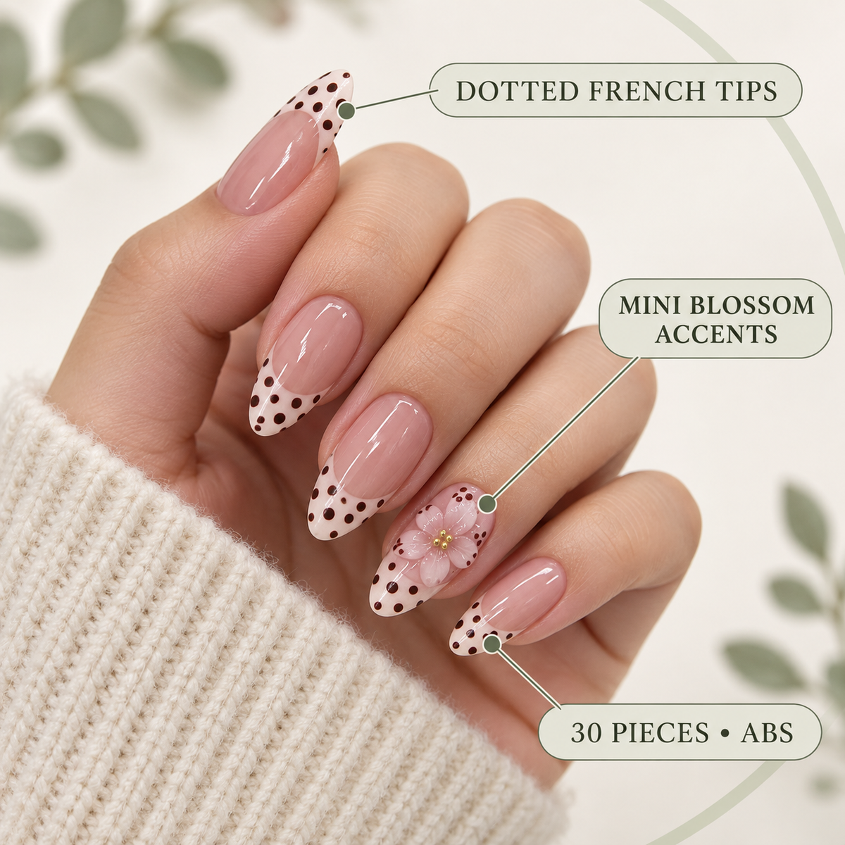 Matcha Polka Dot Floral Press On Nail Set