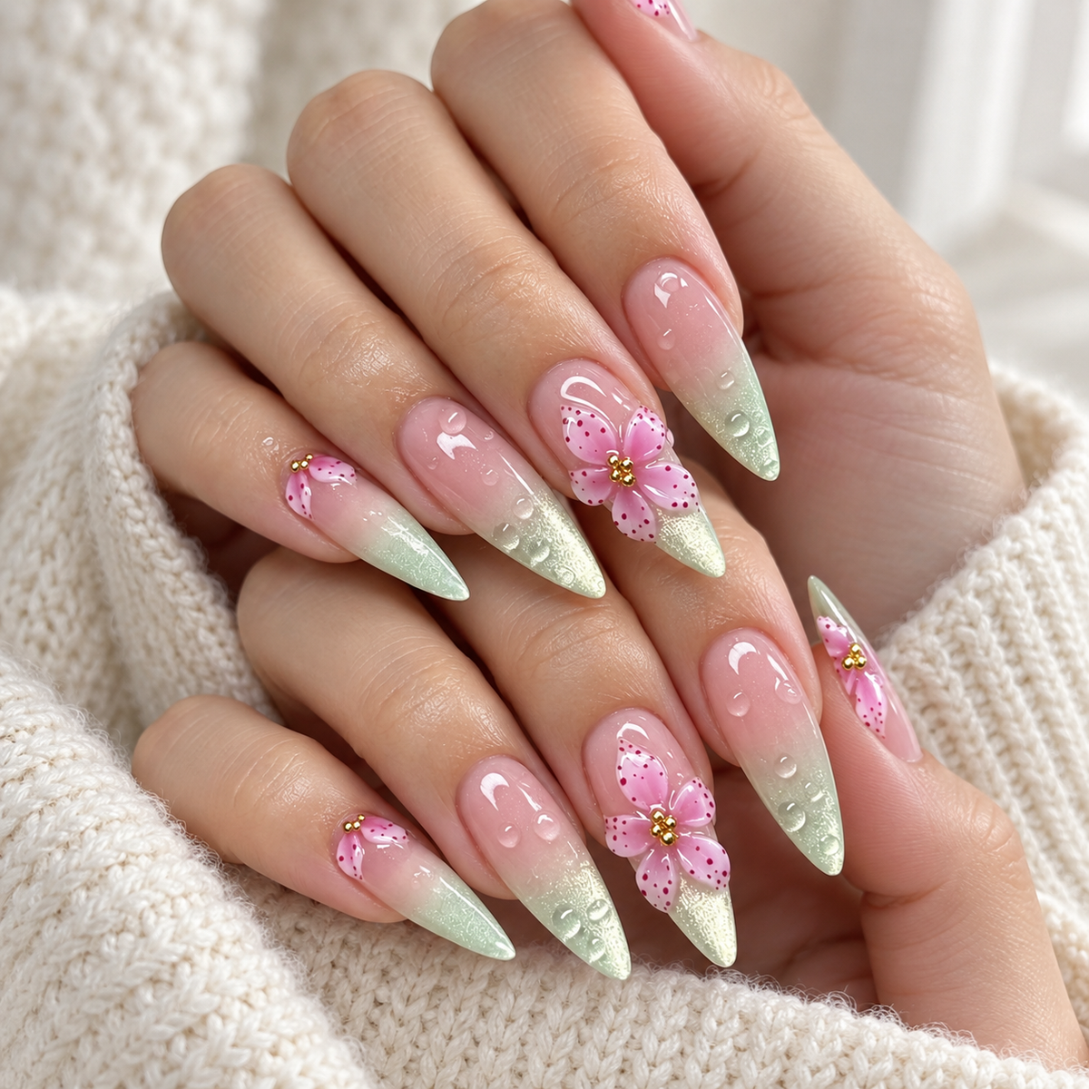 Matcha Cat Eye Carved Lily Press On Nail Set