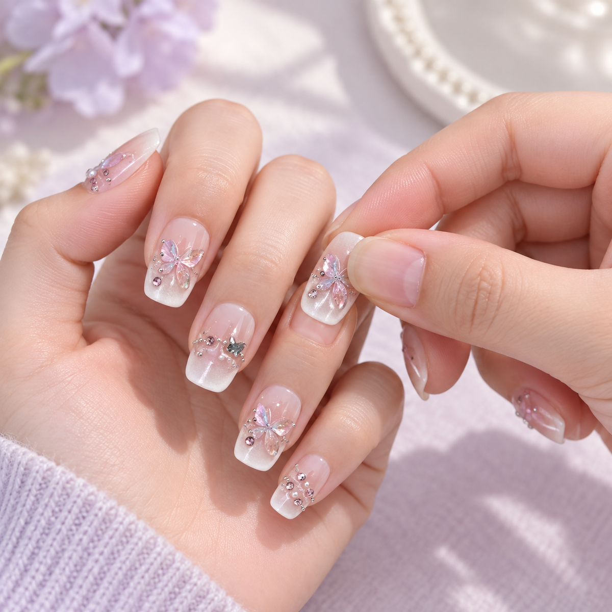 Ice Crystal Butterfly Cat Eye Press On Nail Set