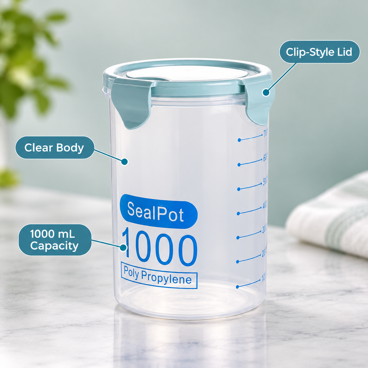 1000 mL Clear Storage Canister with Pale Blue-Green Lid 7