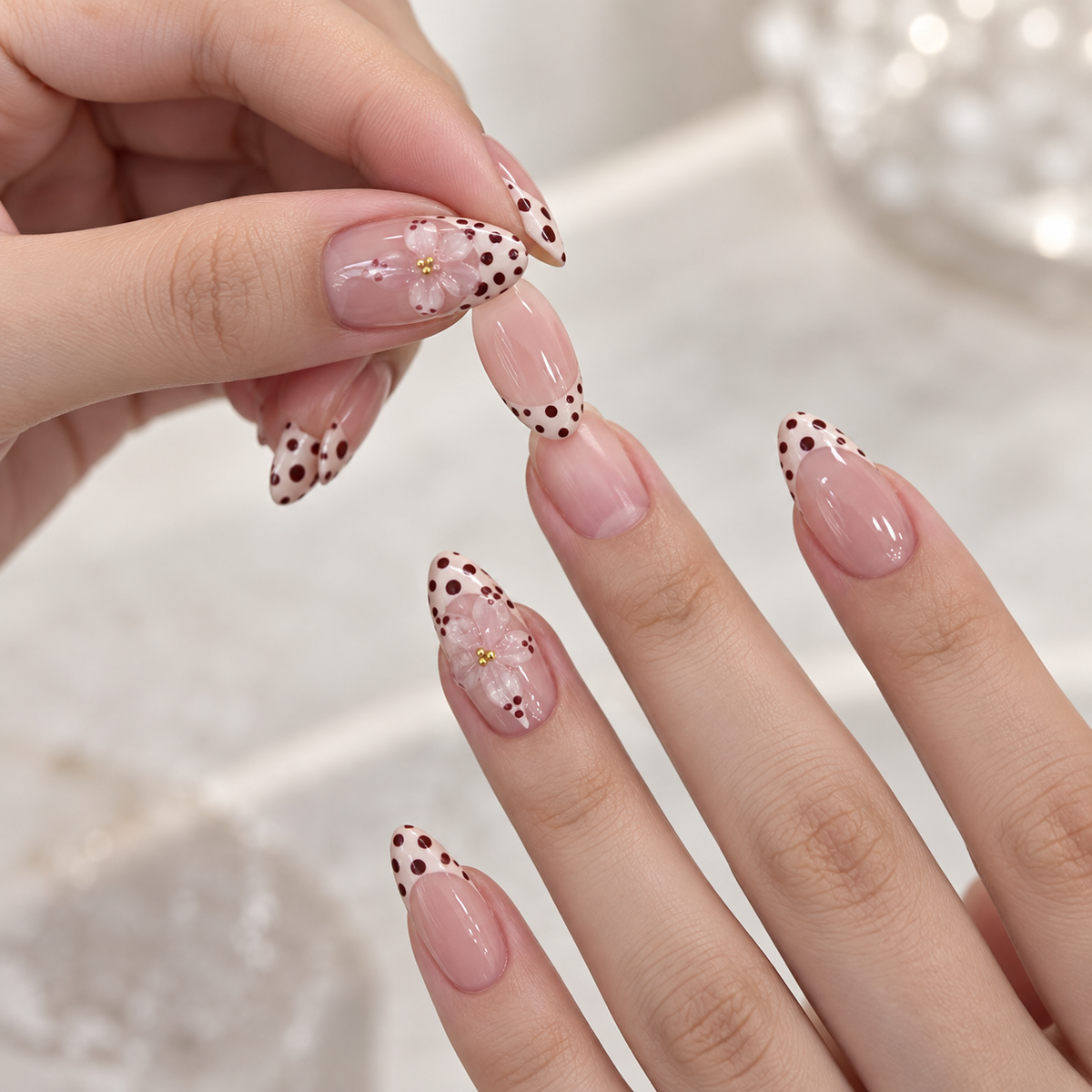 Matcha Polka Dot Floral Press On Nail Set