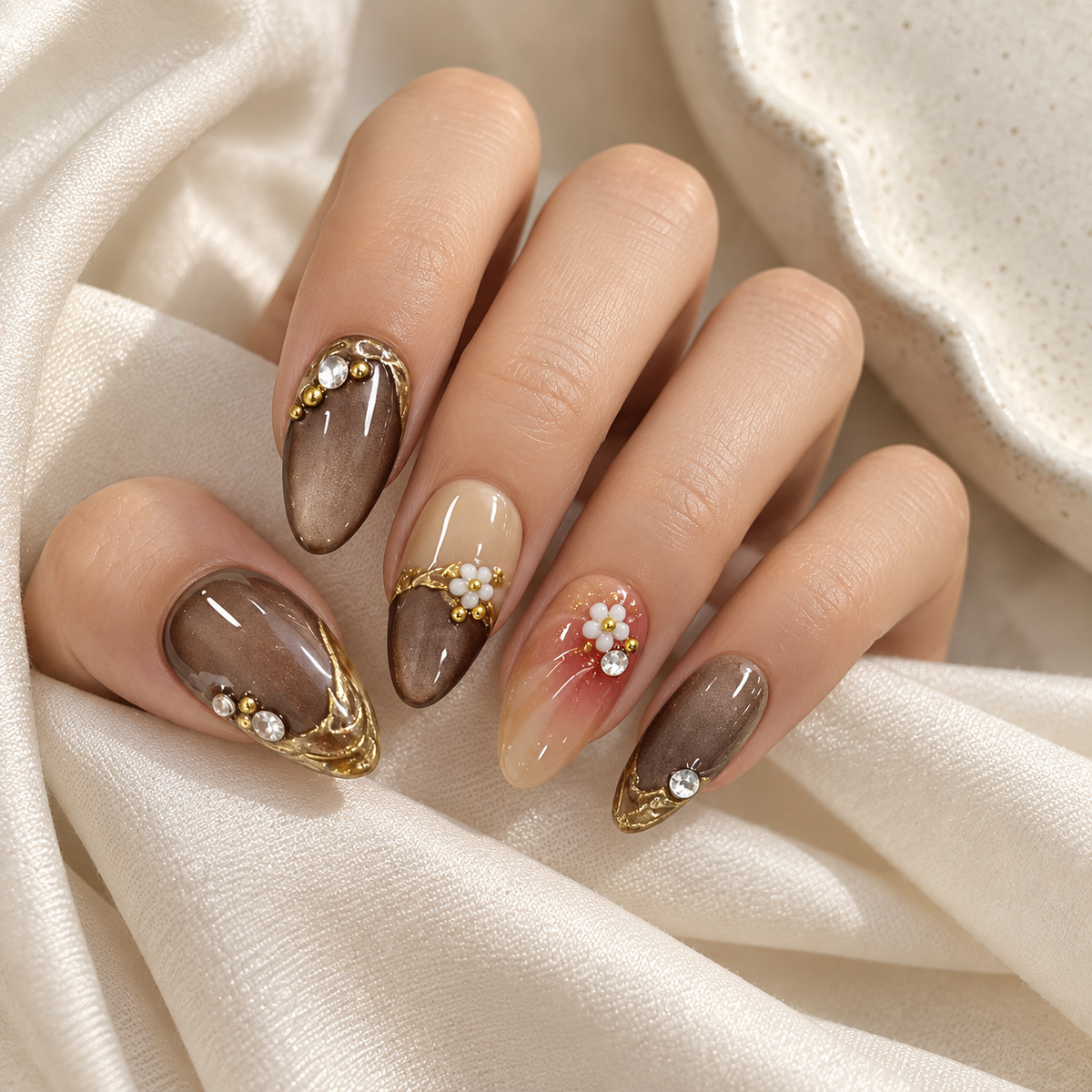 Gilded Charm Cat Eye Floral Press On Nail Set