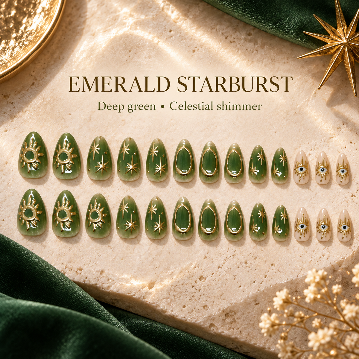 Emerald Starburst Marbled Press On Nail Set