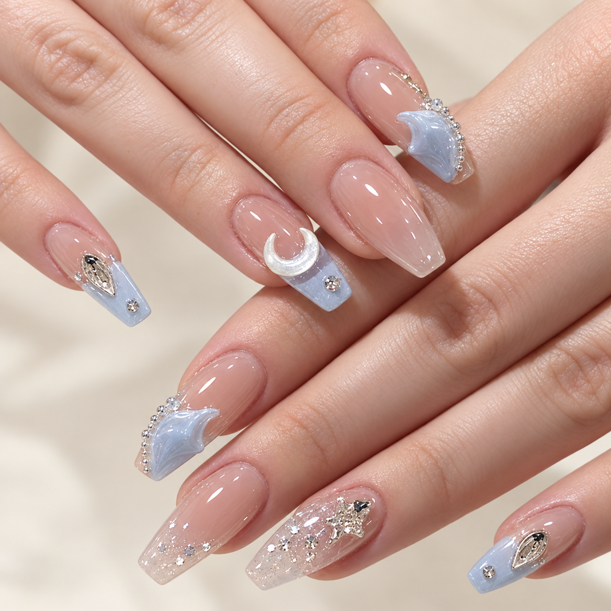 Sea Salt Blue Star Moon Press On Nails - image 1