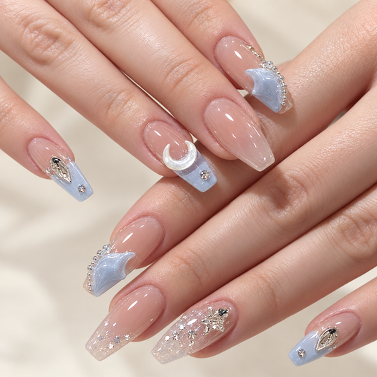 Sea Salt Blue Star Moon Press On Nails - image 1