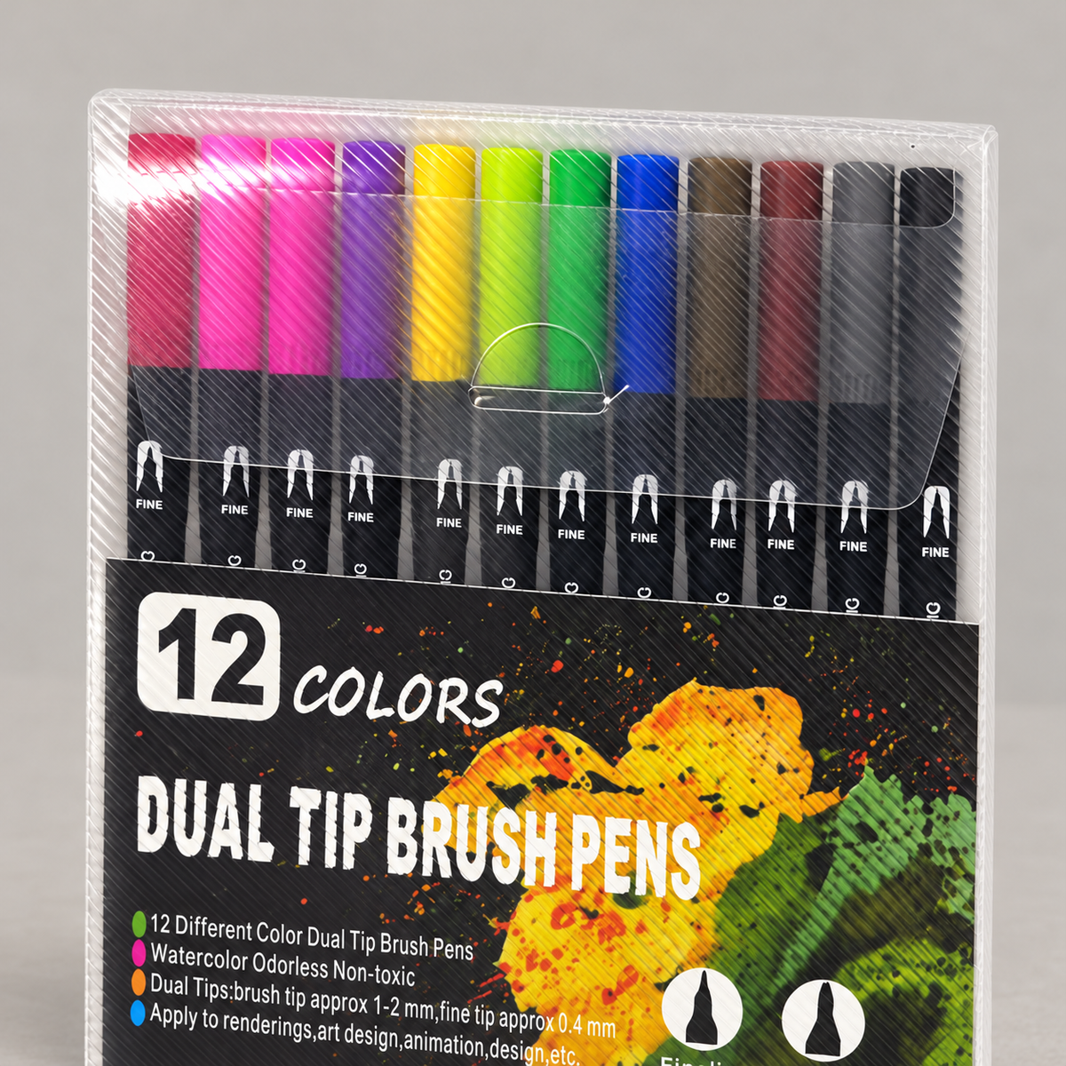 Dual-Tip Brush Pen Set, 12 Colours – Black Barrels