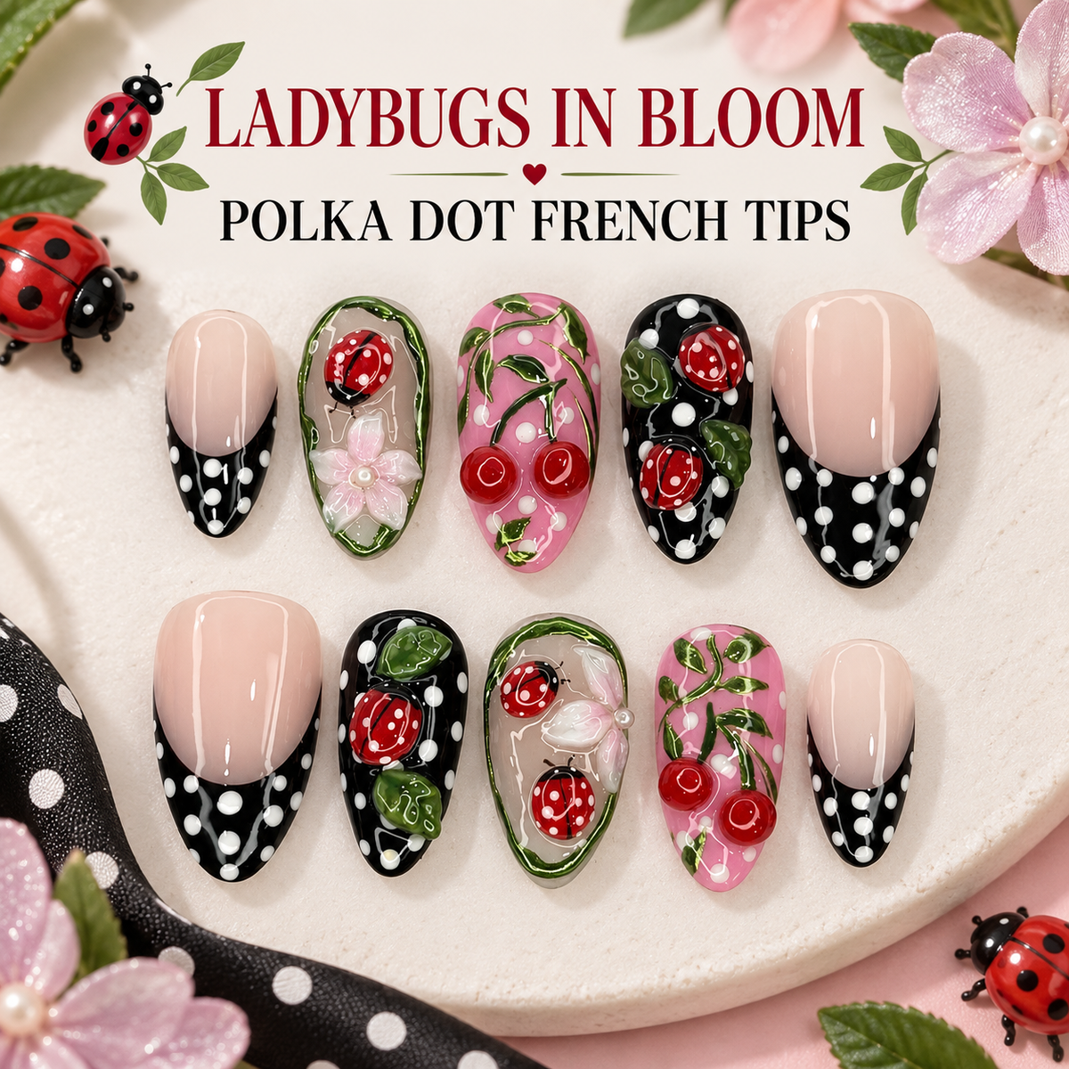 Polka Dot Ladybug Floral Press On Nail Set