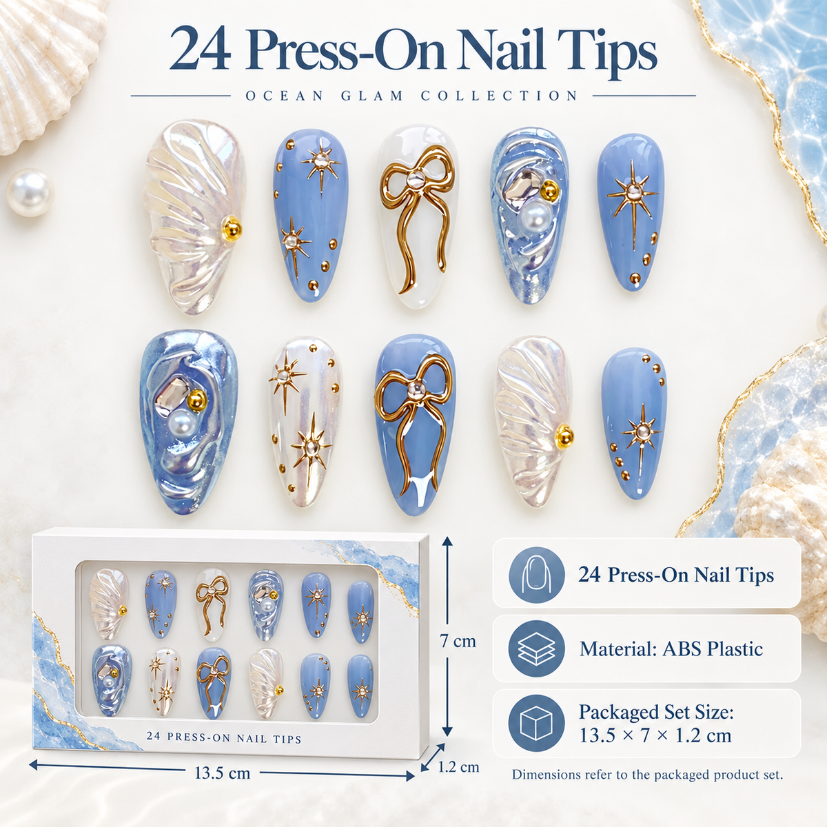 Ocean Blue Gold Accent Press On Nails - image 4