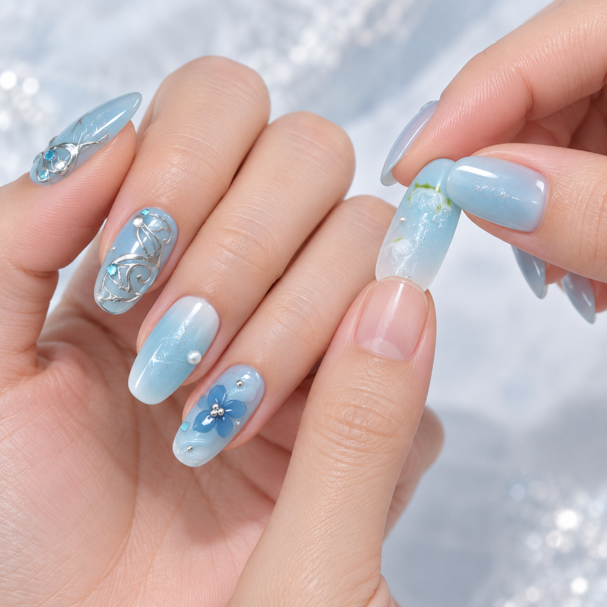 Cool Silver Sparkle Floral Starburst Press On Nail Set · mproduct-9043ea9a2de616e898d4