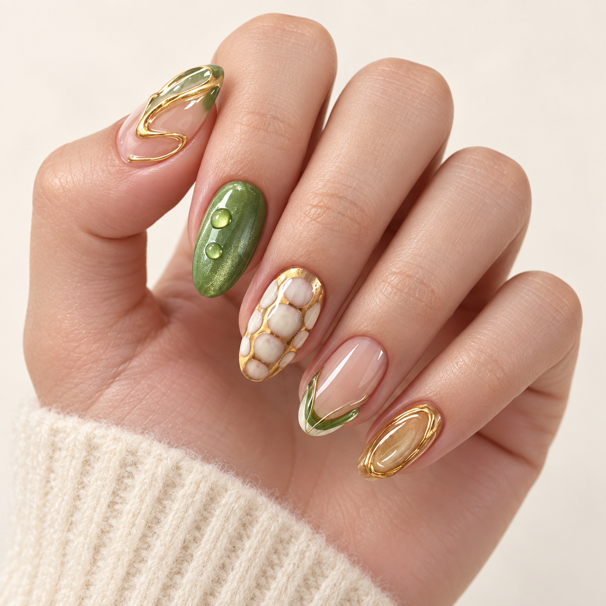 Gilded Emerald Cat Eye Press On Nail Set 1
