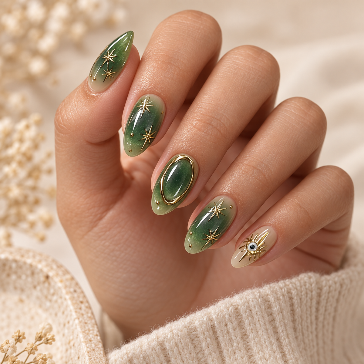 Emerald Starburst Marbled Press On Nail Set