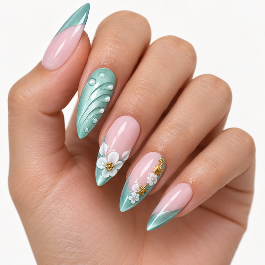 Misty Forest Green Seashell Floral Cat Eye Press On Nail Set · mproduct-b9bc9d55f5c1299e1f3a