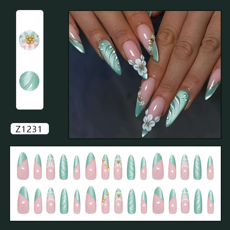 Misty Forest Green Seashell Floral Cat Eye Press On Nail Set · mproduct-85732952b26da2722508