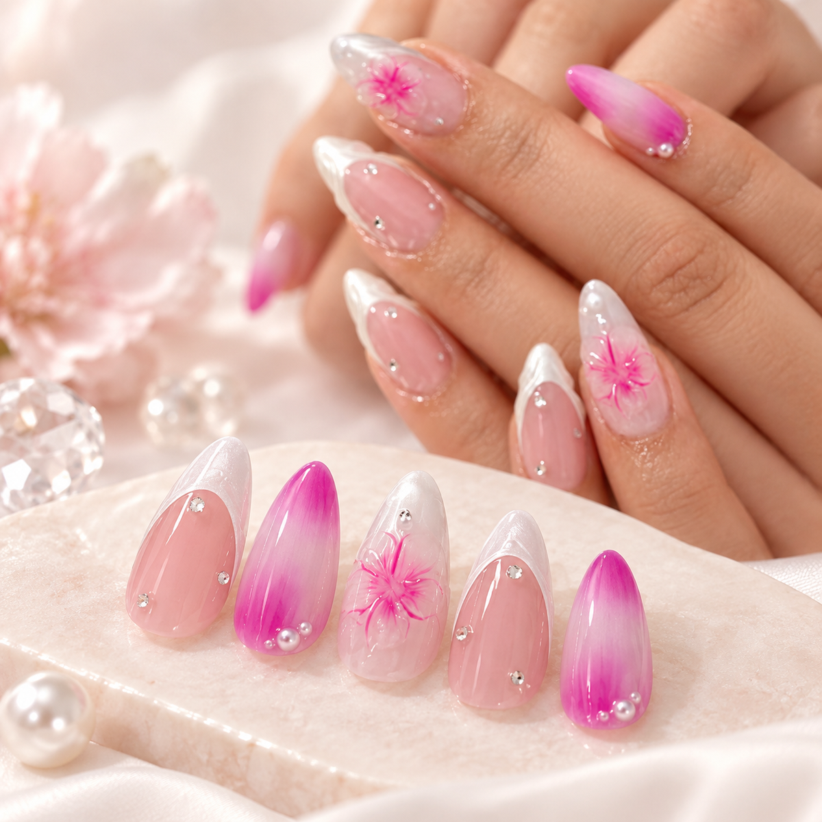 Pink Purple Ice Flower Pearl French Press On Nail Set