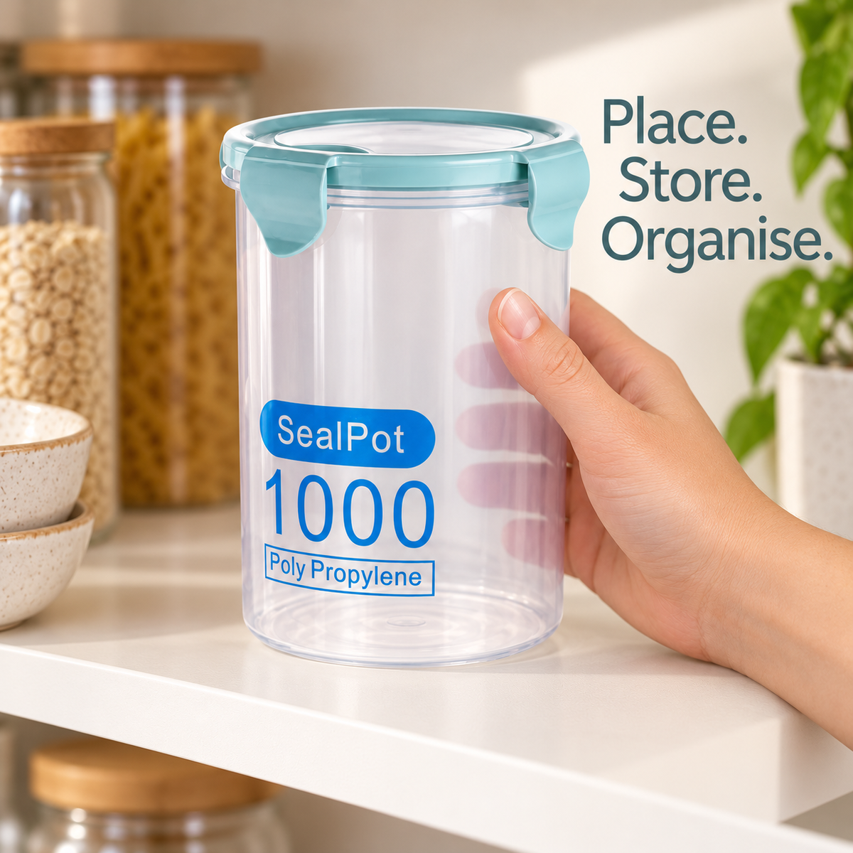 1000 mL Clear Storage Canister with Pale Blue-Green Lid 6