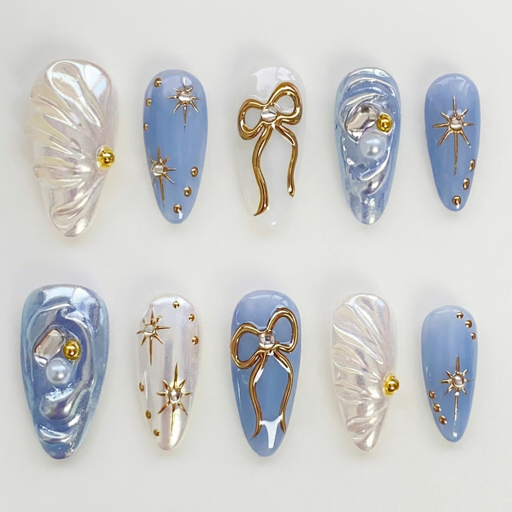 Ocean Blue Gold Accent Press On Nails - replacement image 1