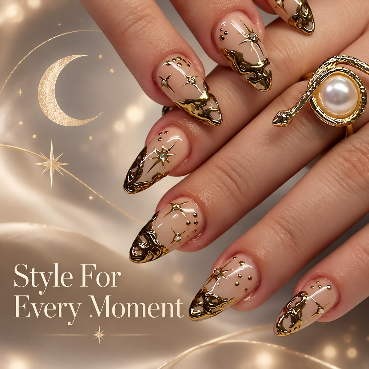 Moon Sun Embellished Irregular Press On Nails - image 5