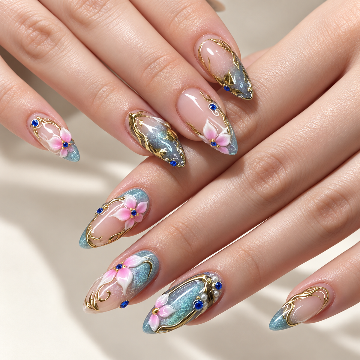 Golden Lily Cat Eye Sculpted Press On Nails - image 1