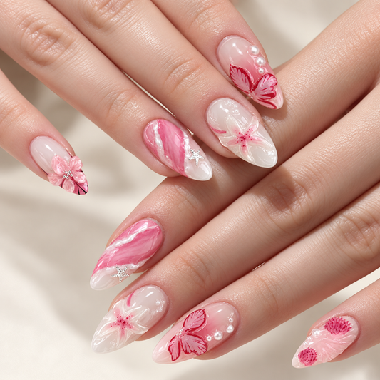 Pink Water Lily Sculpted French Press On Nails - image 1