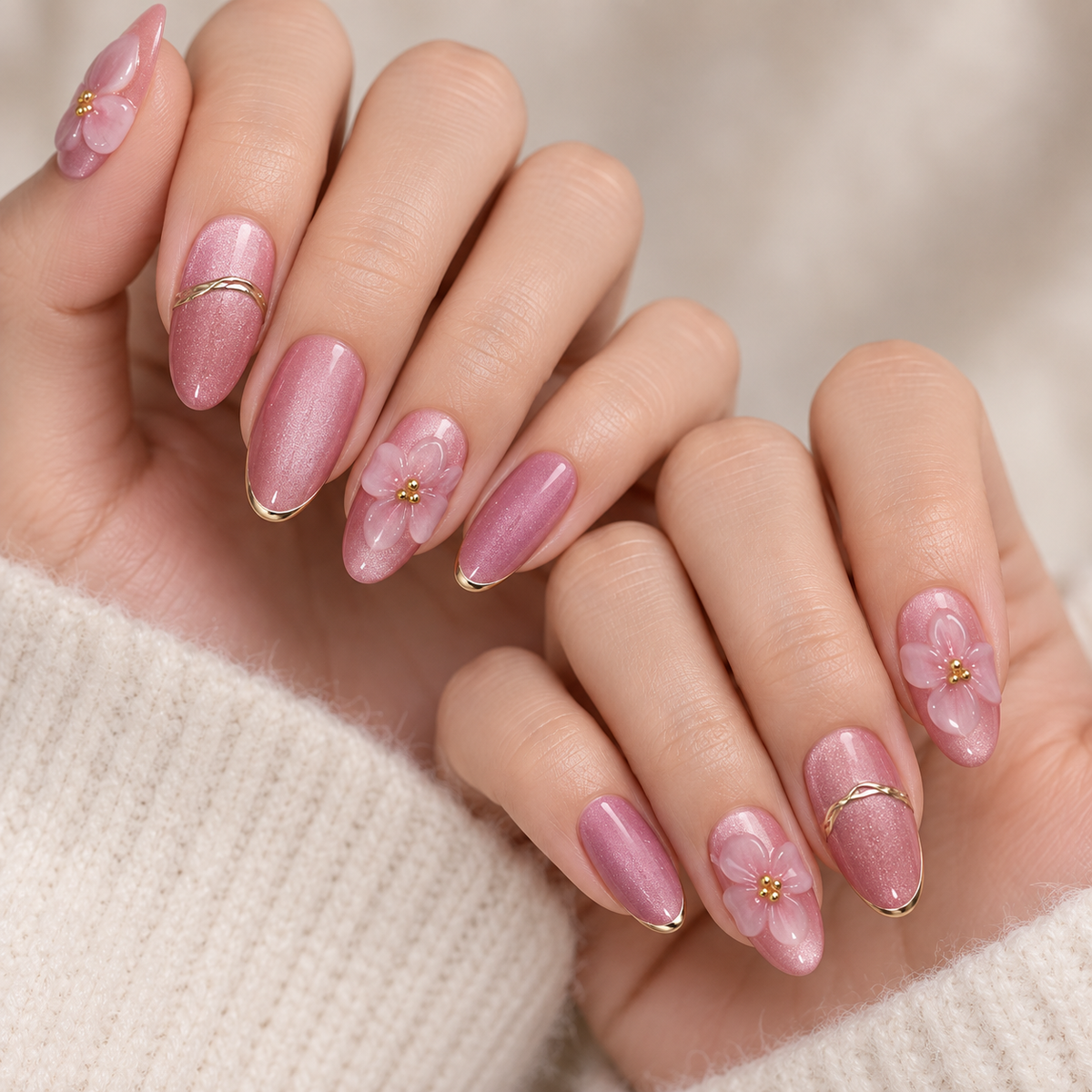 Pink Purple Gilded Floral Cat Eye Press On Nail Set
