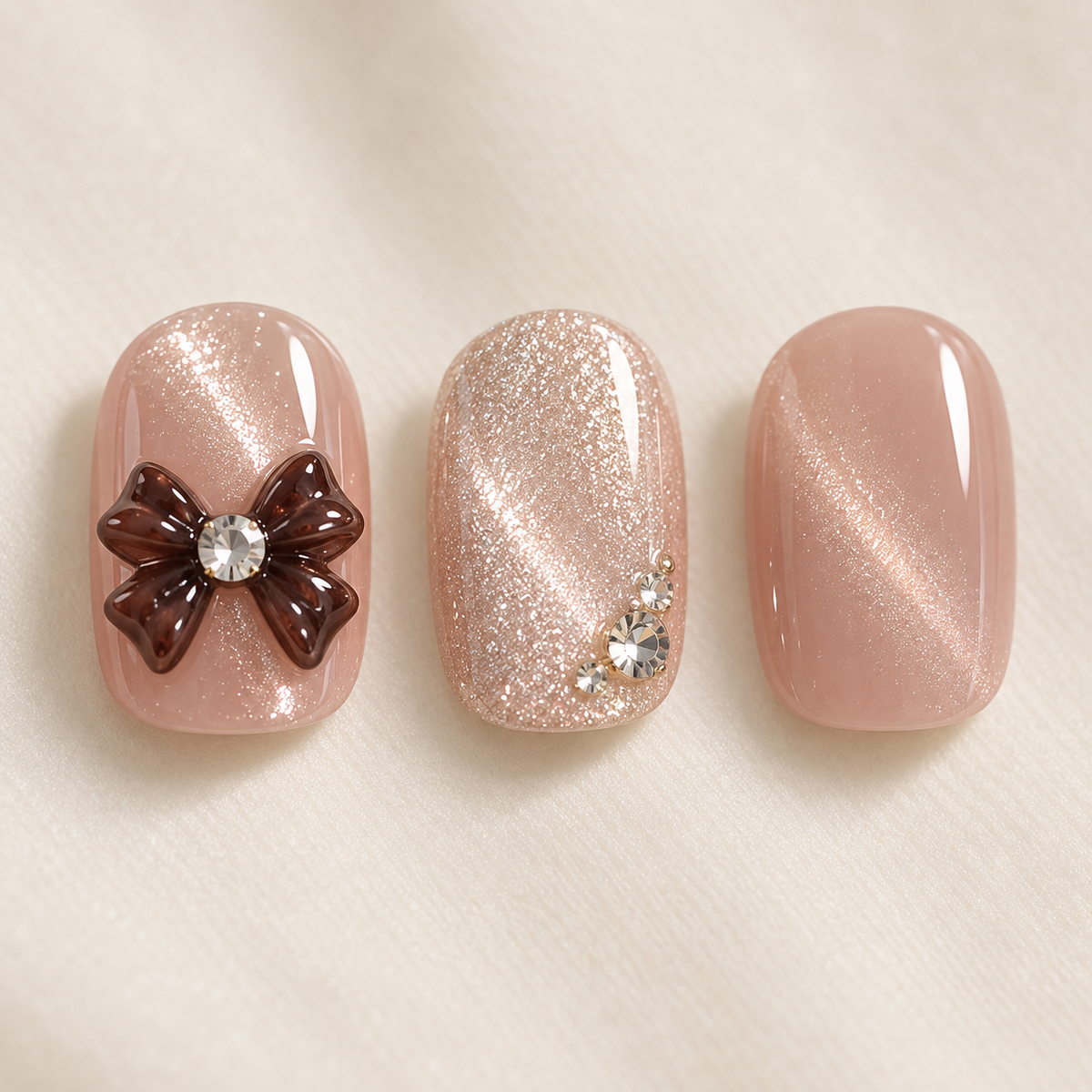Blush Cat Eye Bow Crystal Press On Nail Set