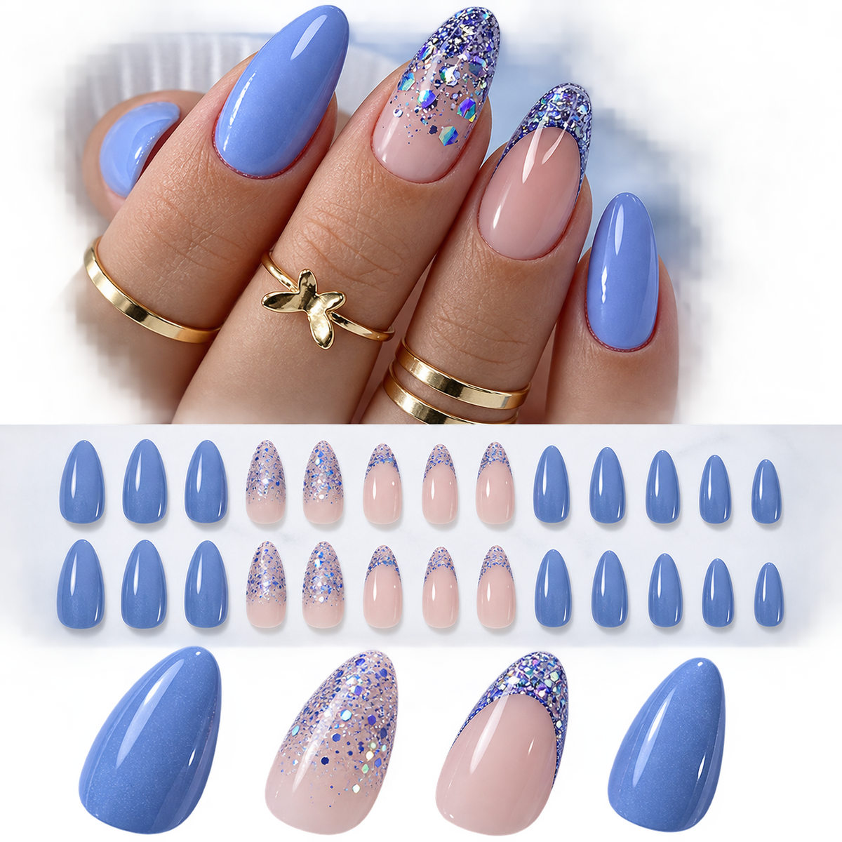 Lake Blue Glitter Almond Press On Nail Set