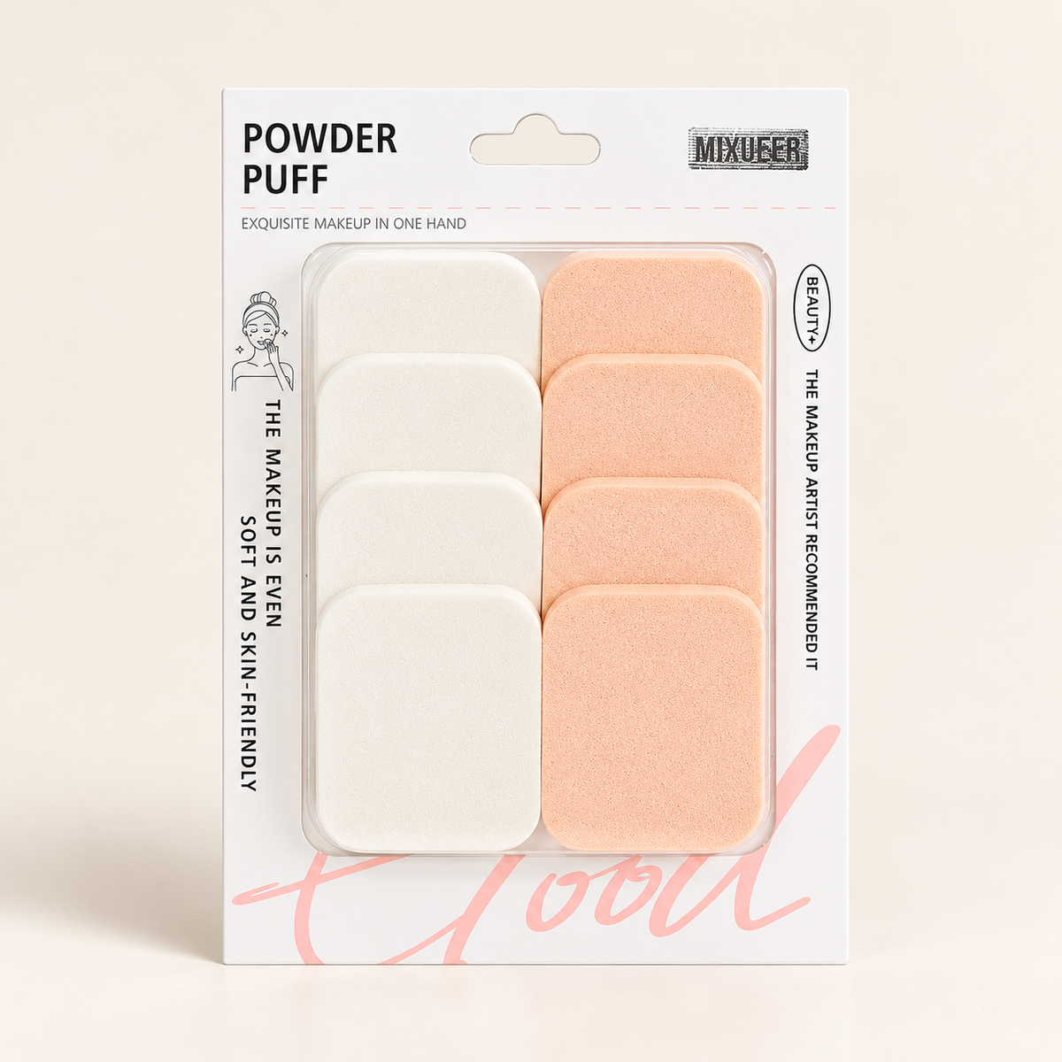 Square Makeup Puffs – 8-Piece White & Nude Set