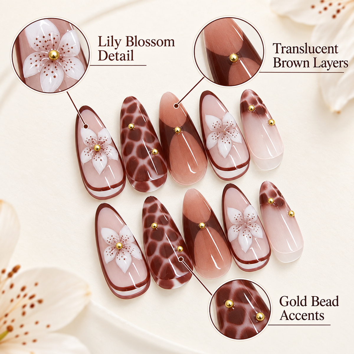 Vintage Brown Lily Almond Press On Nails - image 5