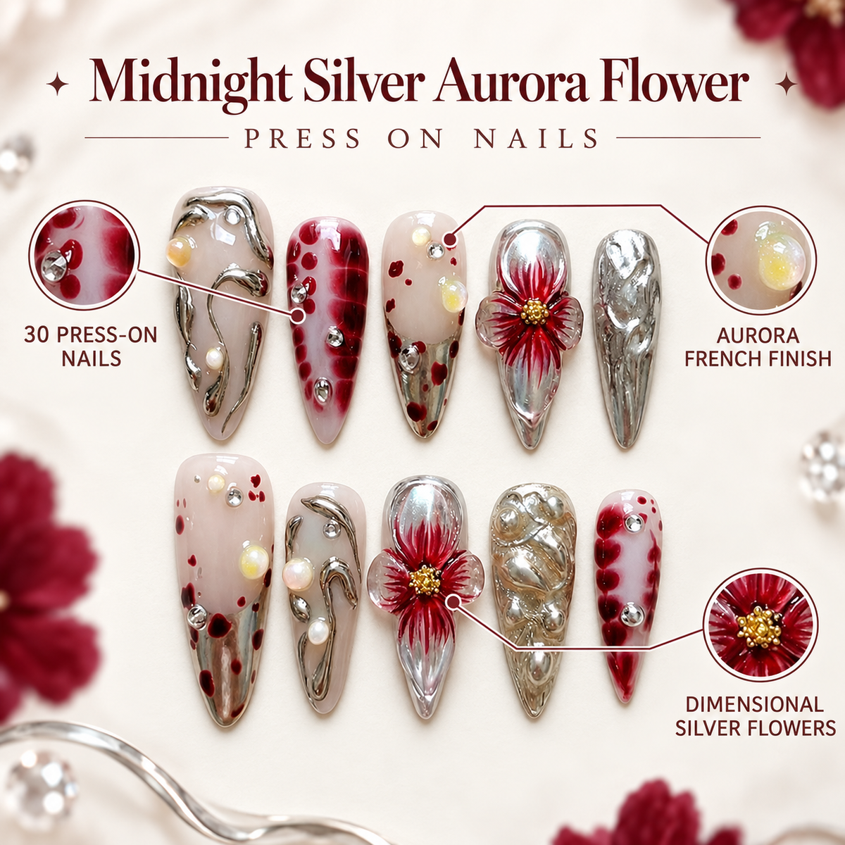 Midnight Silver Aurora Floral Press On Nail Set