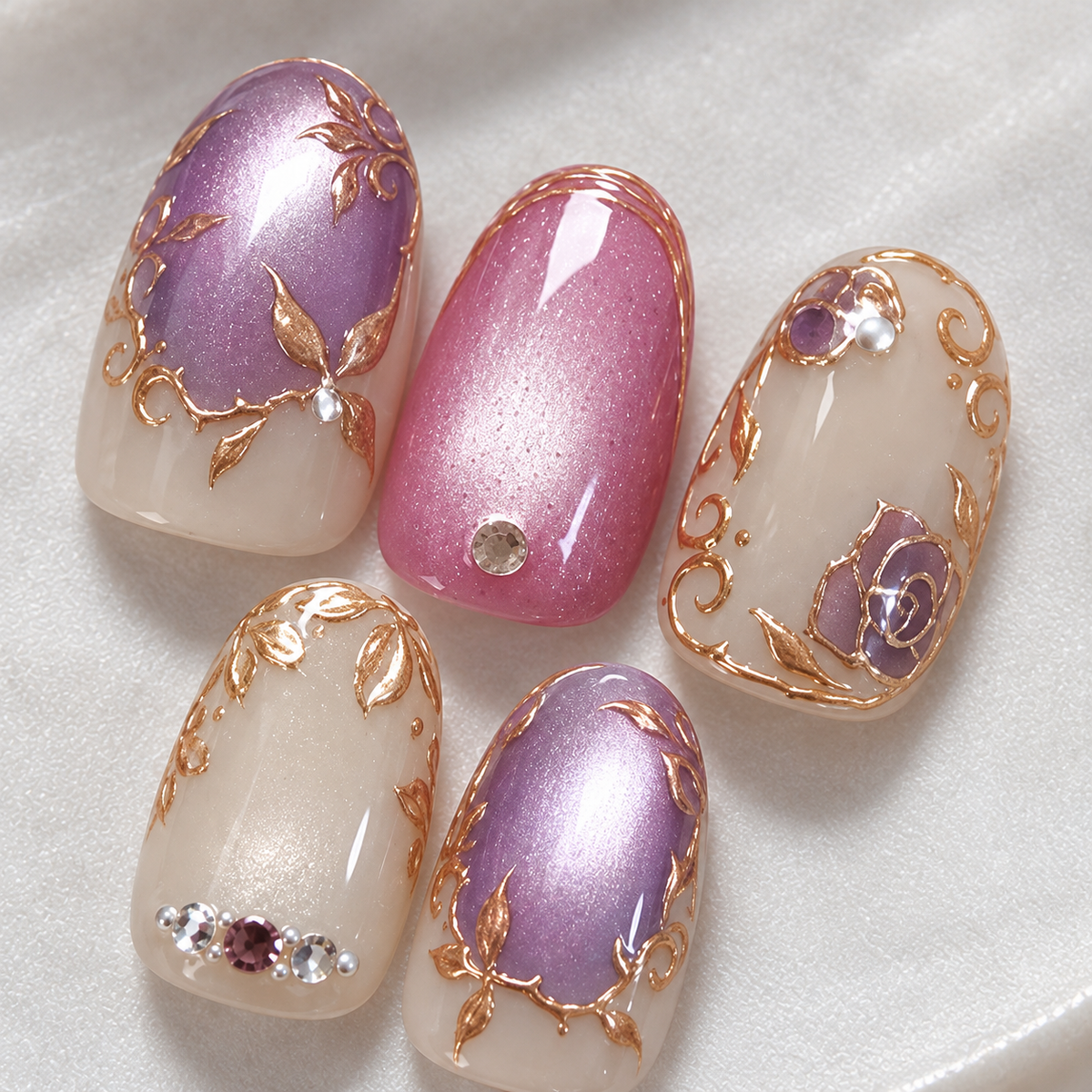 Moonlit Purple Gilded Floral Cat Eye Press On Nail Set