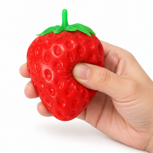Pointed-Leaf Strawberry Tactile Toy — hand squeeze main