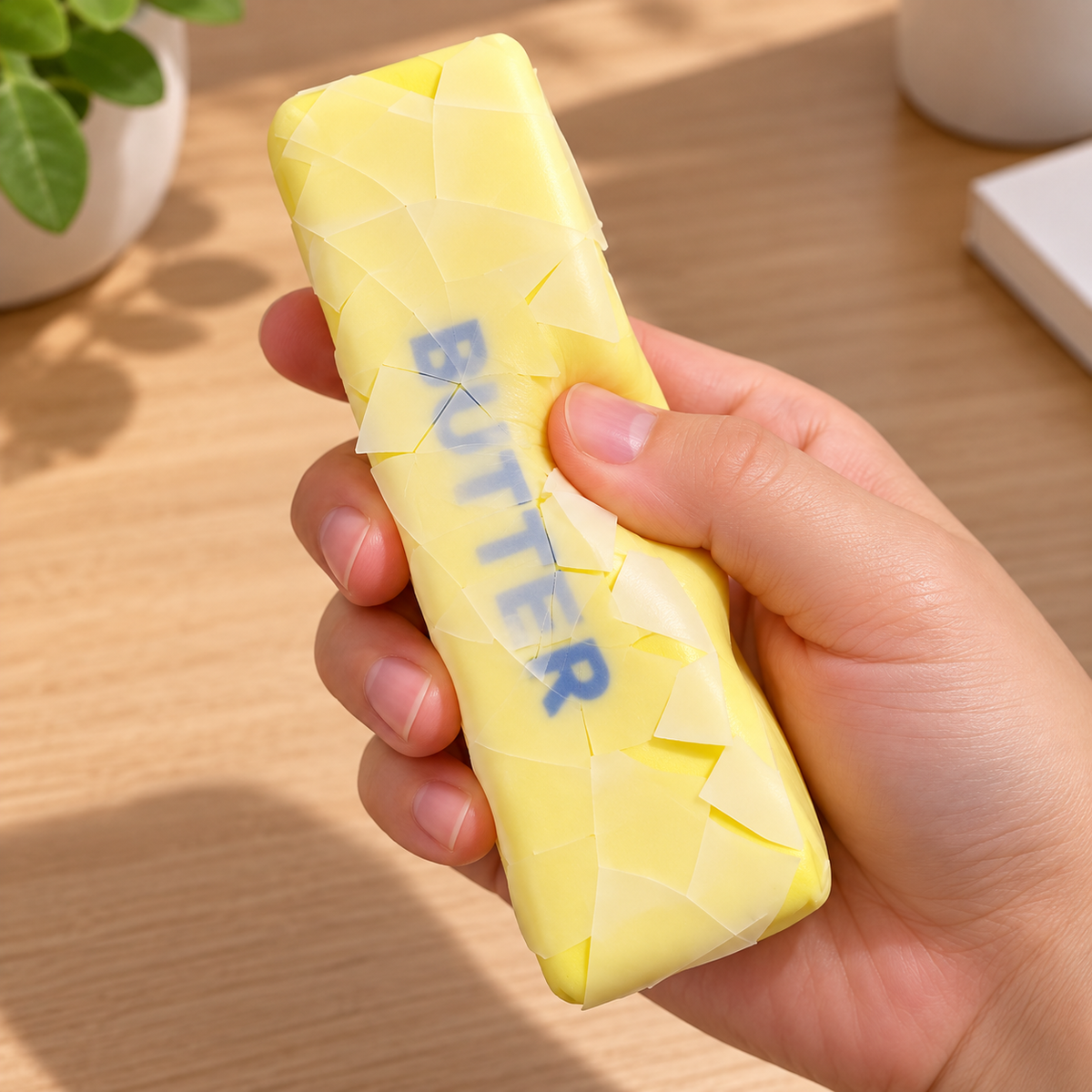 Yellow Crackle Butter Stick Squeeze Toy — in use
