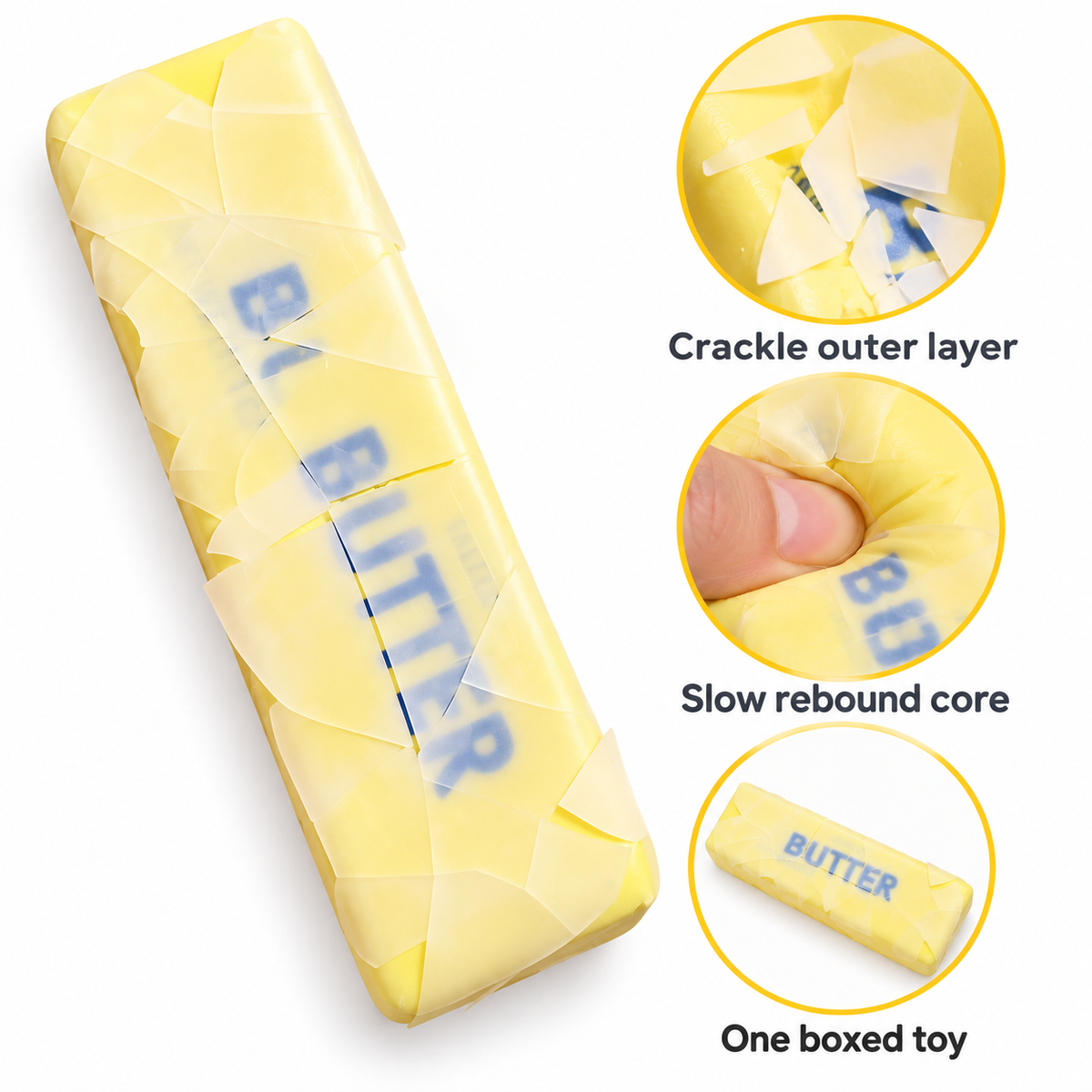 Yellow Crackle Butter Stick Squeeze Toy — selling points