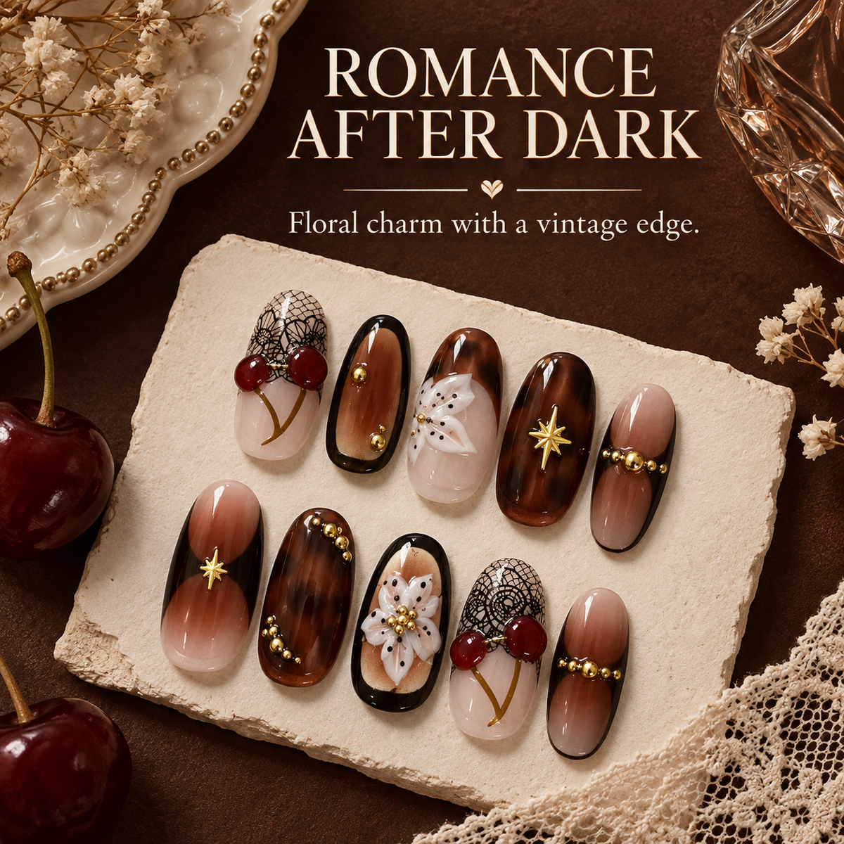 Shadow Floral Cherry French Press On Nails - image 6