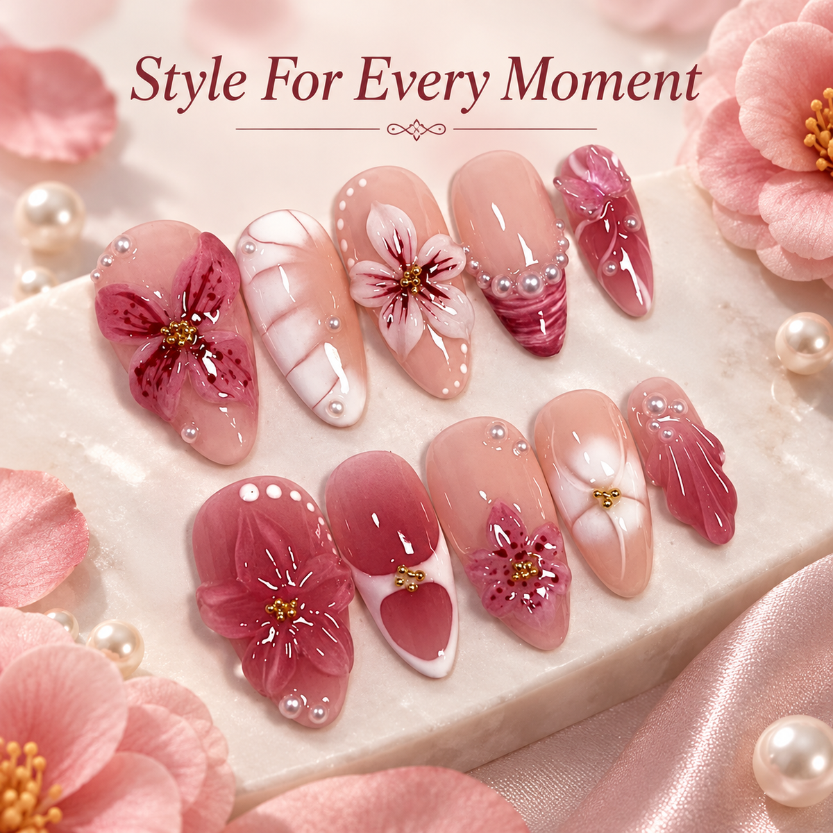 Pink Camellia Pearl Press On Nails 30 Piece Set - replacement image 2