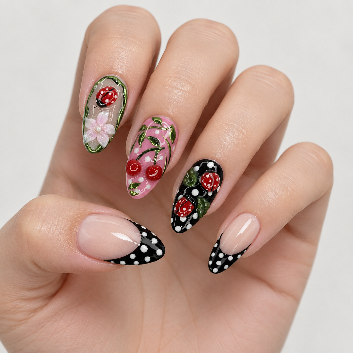 Polka Dot Ladybug Floral Press On Nail Set