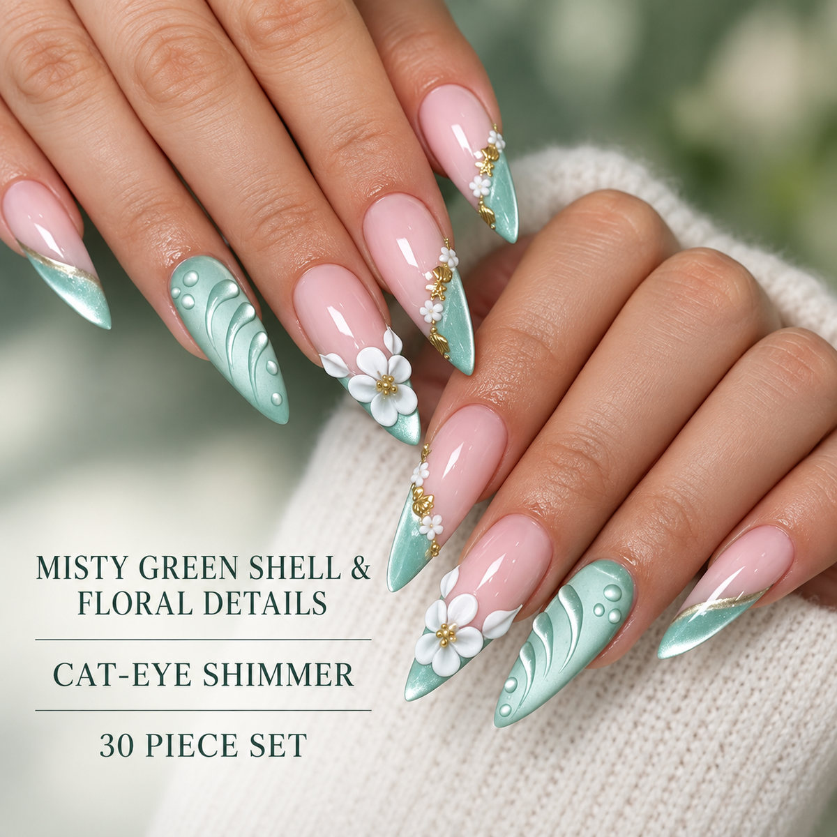Misty Forest Green Seashell Floral Cat Eye Press On Nail Set · mproduct-4f45f4a920d5abed8049