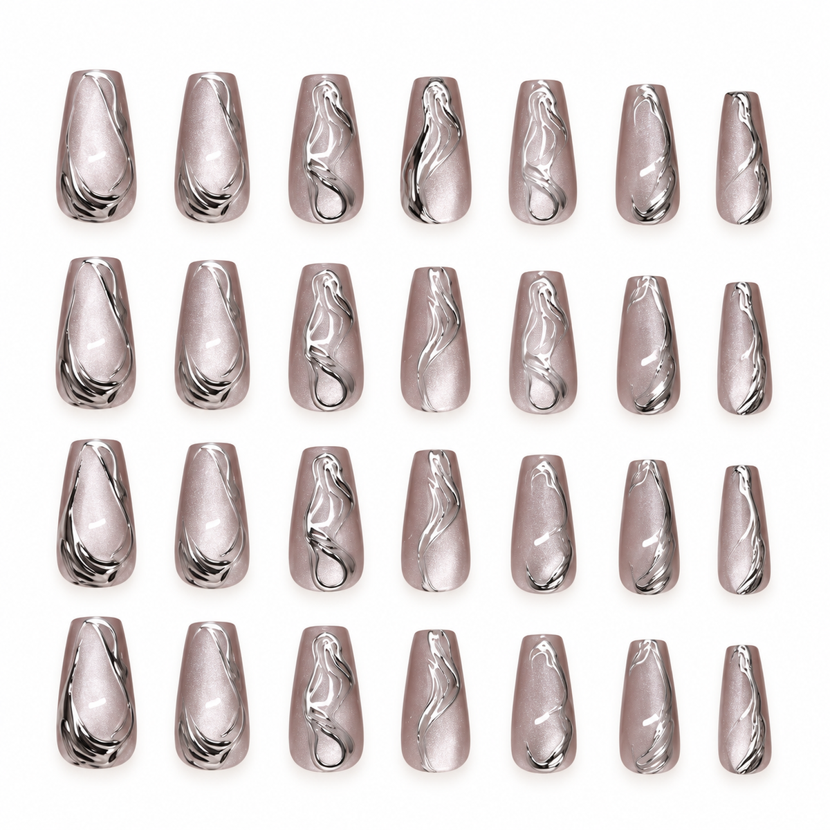 Metallic Silver Cat Eye Mercury Glass Press On Nail Set