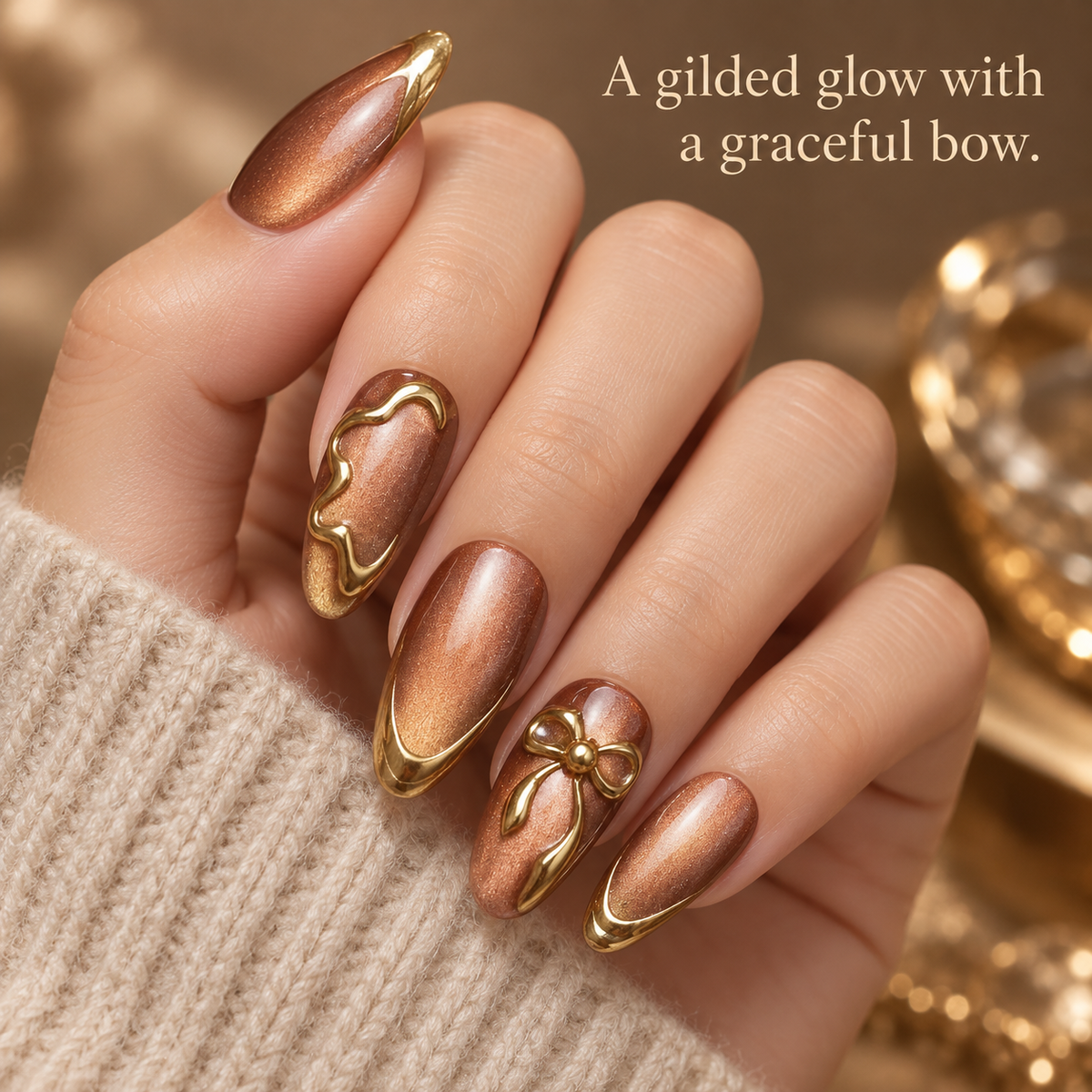Gilded Mirage Cat Eye Bow Press On Nail Set